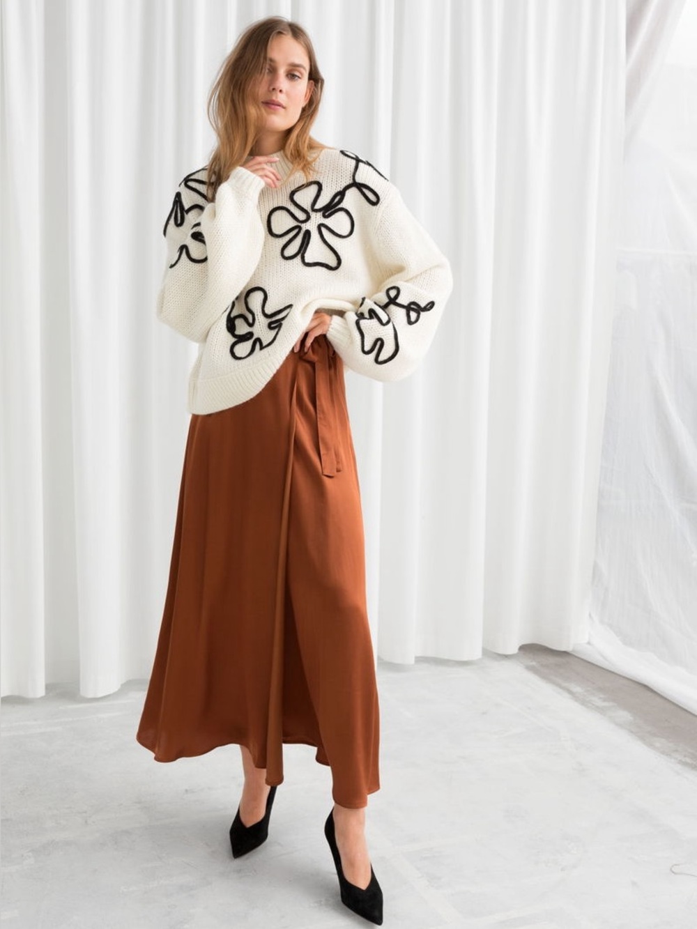 & Other Stories Satin Wrap Midi Skirt